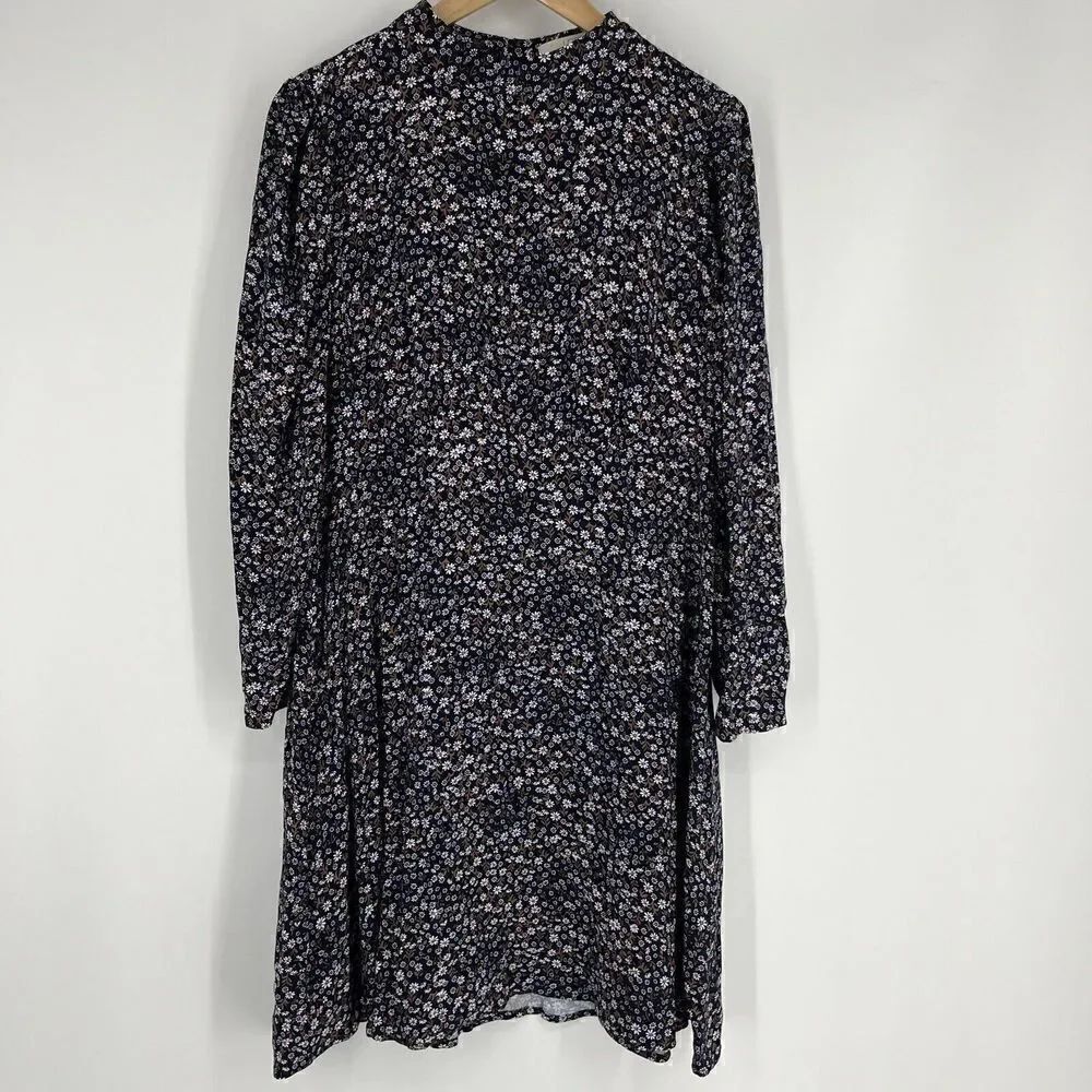 Loft Plus Dress Size 14 Womens Navy Floral Print Mock Neck Flare Puff Sleeve